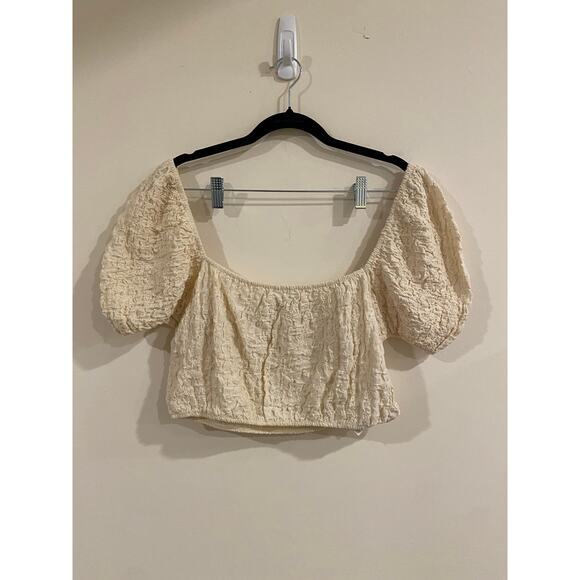 ZARA Women’s M Puff Sleeve Crop Top Cream Off-Shoulder Textured Cotton Blend - Picture 2 of 6